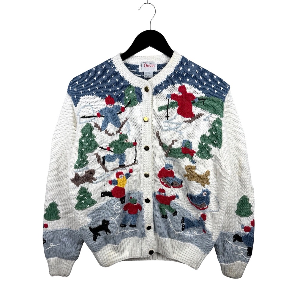 Vintage Orvis White Winter Sports Skiing Ice Skating Christmas Cardigan Sz S